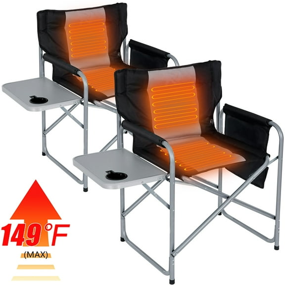 ABORON Oversized Directors Chair with Side Table, Heated Camping Chair Outdoor Portable Heating Folding Chair, Heavy Duty Camping Chair with Pocket for Lawn, Sports - 2Pack(Power Bank not Included)