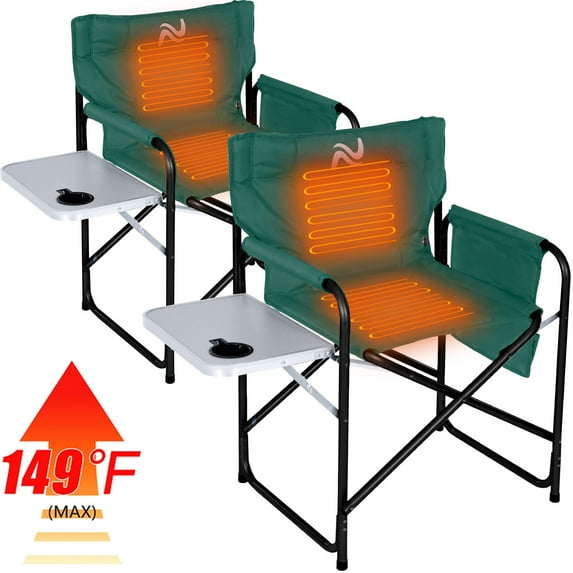 ABORON Oversized Directors Chair with Side Table, Heated Camping Chair Outdoor Portable Heating Folding Chair, Heavy Duty Camping Chair with Pocket for Lawn, Sports - 2Pack(Power Bank not Included)