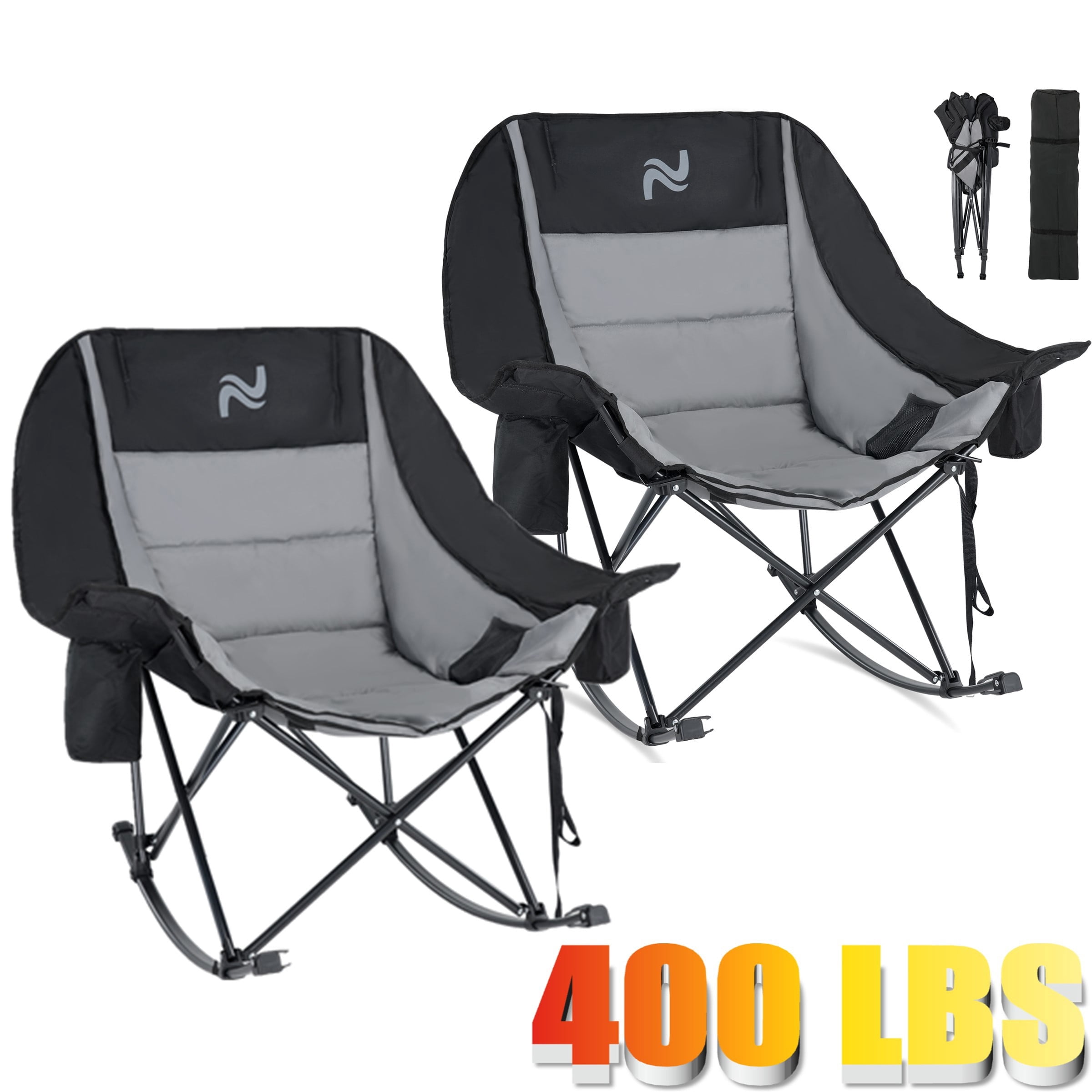 ABORON Oversized Rocking Camping Chair for Adults, 2 Pack Folding Outdoor Rocker with Cooler Bag & Cup Holder, Fully Padded High Back Lawn Recliner for Camping, Backyard, Patio, Supports 400 LBS
