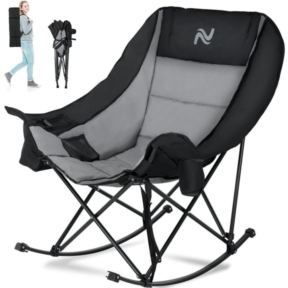ABORON Oversized Rocking Camping Chair, Folding Camping Rocker Chair, Fully Padded Patio Chair with Cooler Bag and Side Pocket, Portable Outdoor Recliner Chair, Lawn Chairs with Carrying Bag