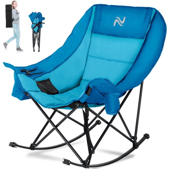 ABORON Oversized Rocking Camping Chair, Folding Camping Rocker Chair, Fully Padded Patio Chair with Cooler Bag and Side Pocket, Portable Outdoor Recliner Chair, Lawn Chairs with Carrying Bag