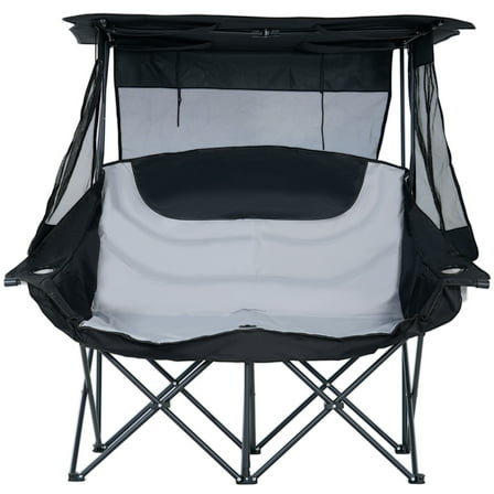 ABORON Oversized Double Camping Chair with Canopy Shade, Folding 2 Person Camping Chair Loveseat, Fully Padded Duo Chair Camping Couch, Portable Double Camp Chair Lawn Chairs, Camping Bench