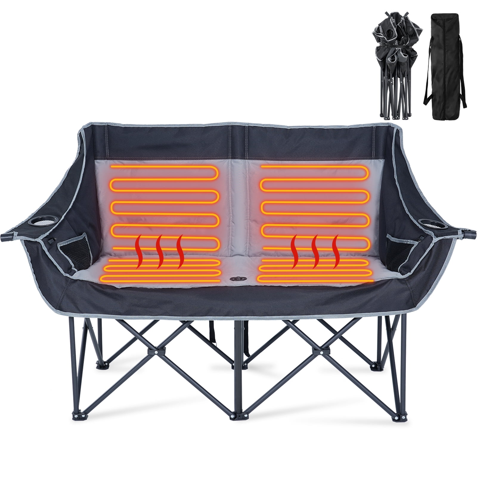 ABORON Oversized Heated Double Camping Chair, Folding 2 Person Camping Chair Loveseat, Fully Padded Duo Chair Camping Couch with 3 Heat Levels, Portable Double Lawn Chairs, Outdoor Camping Bench
