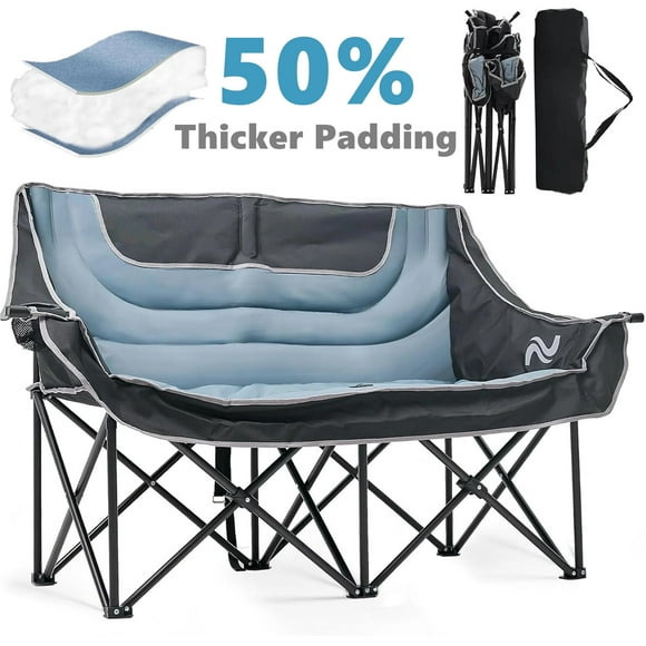 ABORON Oversized Double Camping Chair, Folding 2 Person Camping Chair Loveseat, Fully Padded Duo Chair Camping Couch, Portable Double Camp Chair, Lawn Chairs, Camping Bench with Carrying Bag