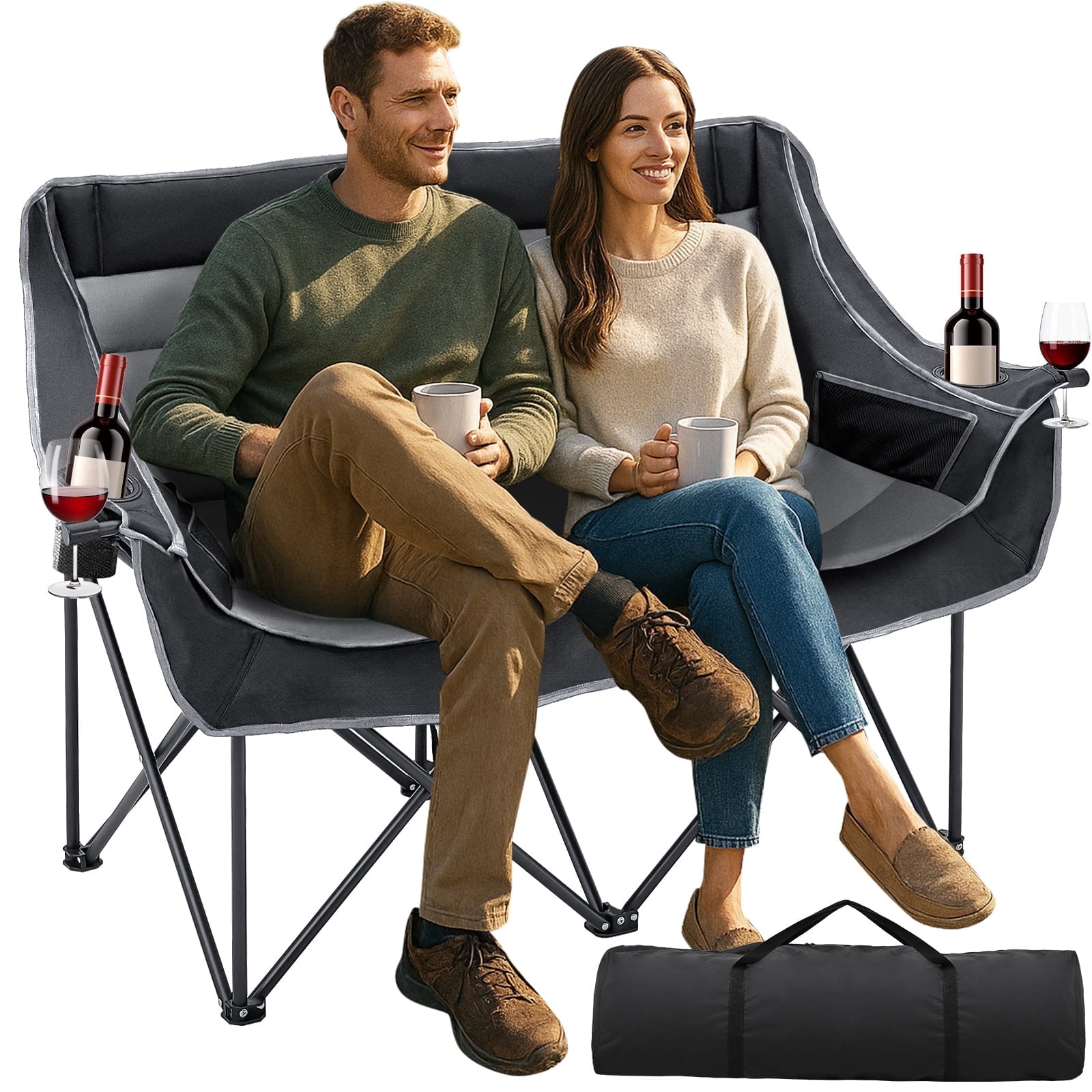 ABORON Oversized Double Camping Chair, Folding 2 Person Camping Chair Loveseat, Fully Padded Duo Chair Camping Couch, Portable Double Camp Chair, Lawn Chairs, Camping Bench with Carrying Bag