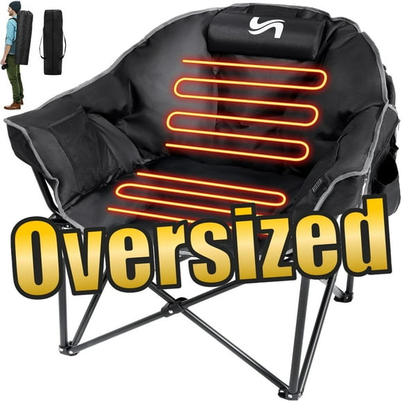 ABORON Oversized Heated Camping Chair with Pillow, Outdoor Portable Heated Folding Chairs, Patio Lounge Chairs with 3 Heat Levels, Heating Chair for Outdoor Sports, Camping