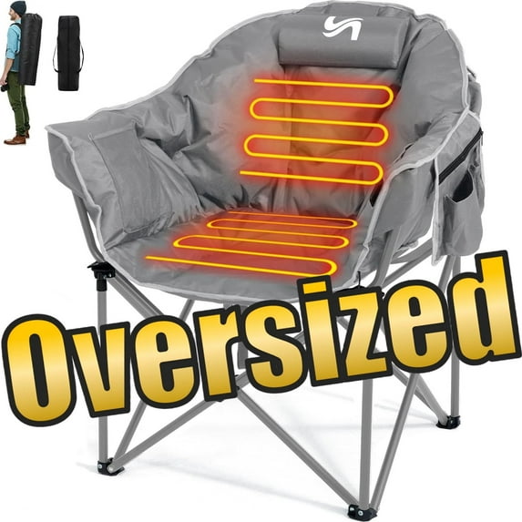 ABORON Oversized Heated Camping Chair with Pillow, Outdoor Portable Heated Folding Chairs, Patio Lounge Chairs with 3 Heat Levels, Heating Chair for Outdoor Sports, Camping