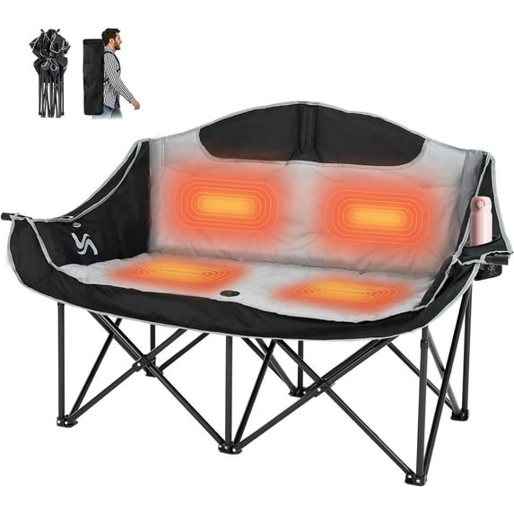 ABORON Oversized Double Heated Camping Chair Folding Loveseat,2-Person Heavy Duty Folding Heated Chairs for Outdoor Sports, Padded Moon Round Chair for Adults,Supports up to 990lbs