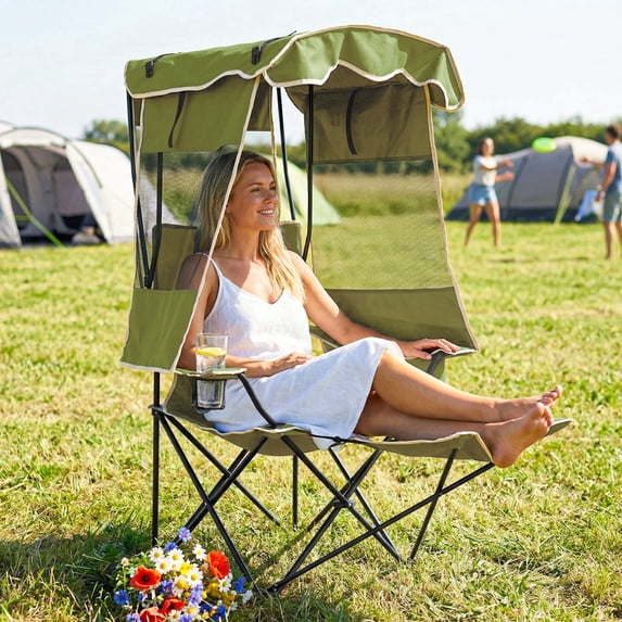 ABORON Oversized Camping Chair with Canopy, Folding Lawn Chair with Ice Bag and Footrest, Portable Chair for Outdoors, Camp, Lawn and Beach - Green