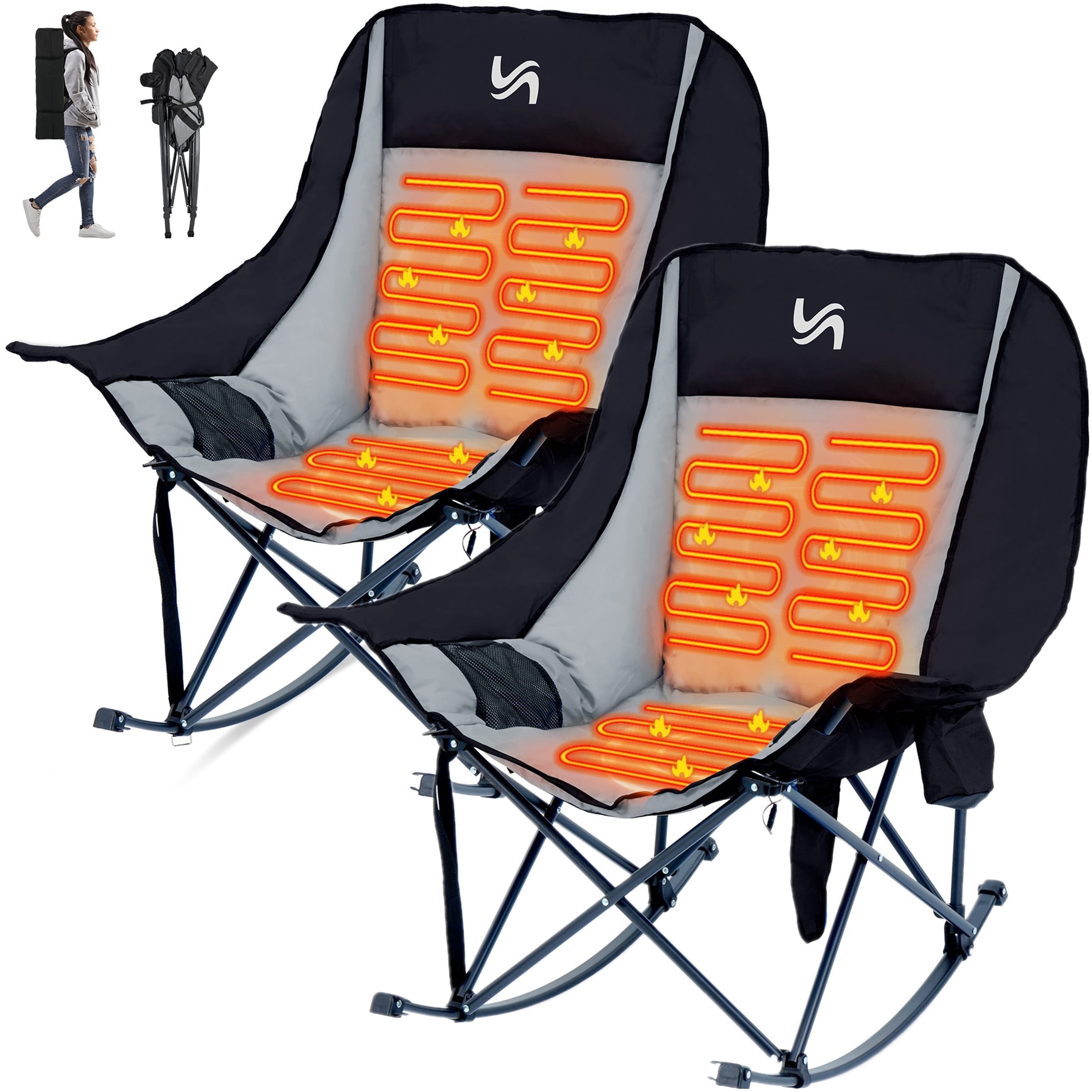 Heated Rocking Chair ABORON Oversized Heated Rocking Camping Chair Adults, 2-Pack Folding ...