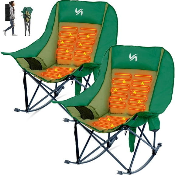 ABORON Oversized Heated Rocking Camping Chair Adults, 2-Pack Folding Heated Rocker Chair, Heavy Duty Fully Padded Folding Chairs, Patio Rocking Chair with 3 Heat Levels