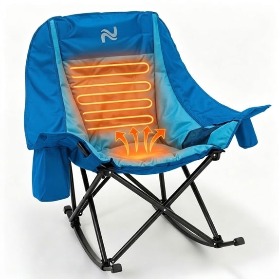 ABORON Oversized Heated Rocking Camping Chair for Adults- 400lbs Capacity Padded Camping Recliner w/ 3 Levels Heat - Folding Lawn Chair with Side Pockets for Camp Patio Backyard