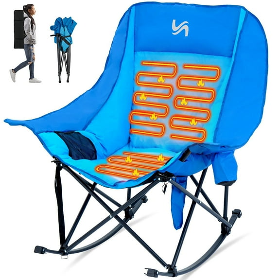 ABORON Oversized Heated Rocking Camping Chair Adults, Folding Heated Rocker Chair, Heavy Duty Fully Padded Folding Chairs, Patio Rocking Chair with 3 Heat Levels