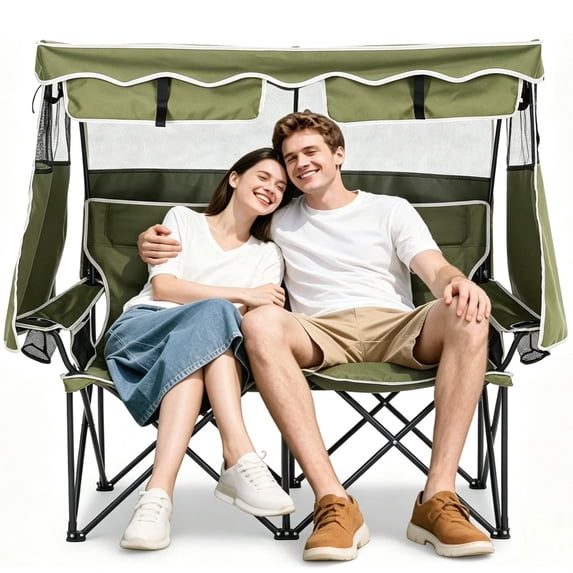 ABORON Oversized Loveseat Camping Chair for Two with UPF 50+ Canopy Sun Shade, Portable Folding Canopy Camping Chair with Cup Holder & Side Pocket, Double Camping Chair for Outdoor Beach Lawn Picnic