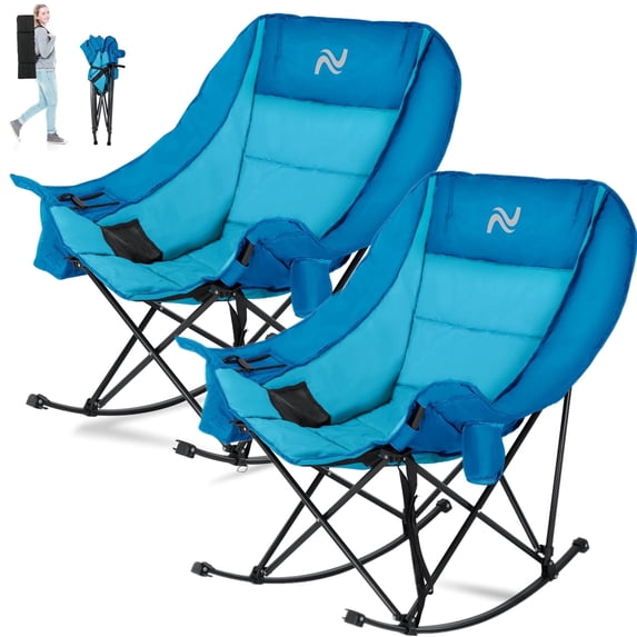 ABORON Oversized Rocking Camping Chair, 2-Pack Folding Camping Rocker Chair, Fully Padded Patio Chair with Cooler Bag and Side Pocket, Portable Outdoor Recliner Chair, Lawn Chairs with Carrying Bag