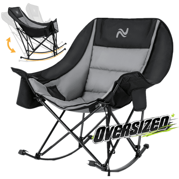 ABORON Oversized Rocking Camp Chair for Adults - Outdoor Rocker Chair with Padded Cushion, Folding Lawn Chair for Outdoors, Camping and Picnic, Portable Camping Rocking Chair, Black & Gray