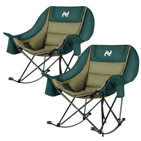 ABORON Oversized Rocking Camp Chair for Adults - Outdoor Rocker Chair with Padded Cushion, Folding Lawn Chair for Outdoors, Camping and Picnic, Portable Camping Rocking Chair, Green 2 Pack