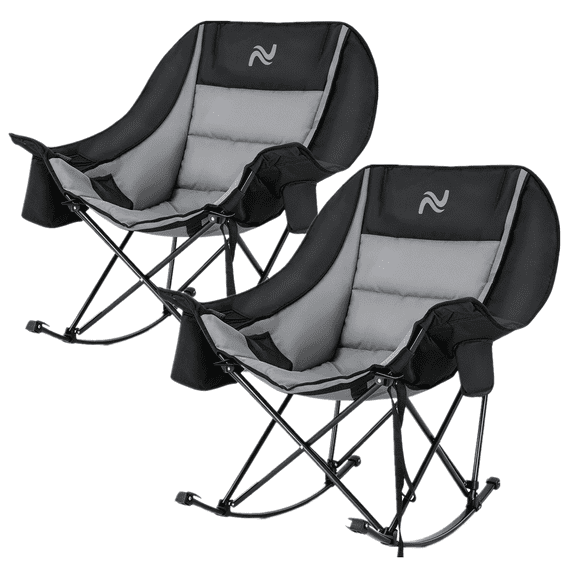 ABORON Oversized Rocking Camp Chair for Adults - Outdoor Rocker Chair with Padded Cushion, Folding Lawn Chair for Outdoors, Camping and Picnic, Portable Camping Rocking Chair, Black 2 Pack