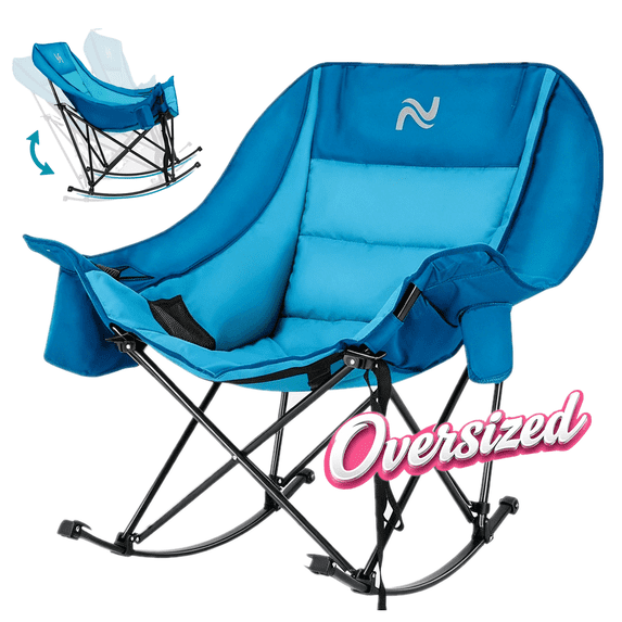 ABORON Oversized Rocking Camp Chair for Adults - Outdoor Rocker Chair with Padded Cushion, Folding Lawn Chair for Outdoors, Camping and Picnic, Portable Camping Rocking Chair, Blue Joy