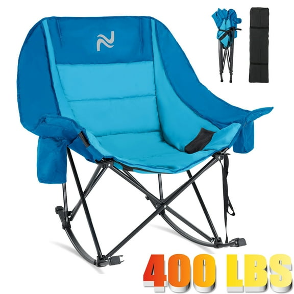 ABORON Oversized Rocking Camping Chair for Adults, Portable Folding Outdoor Rocker with Cooler Bag & Cup Holder, Fully Padded High Back Lawn Recliner for Camping, Backyard, Patio, Supports 400 LBS
