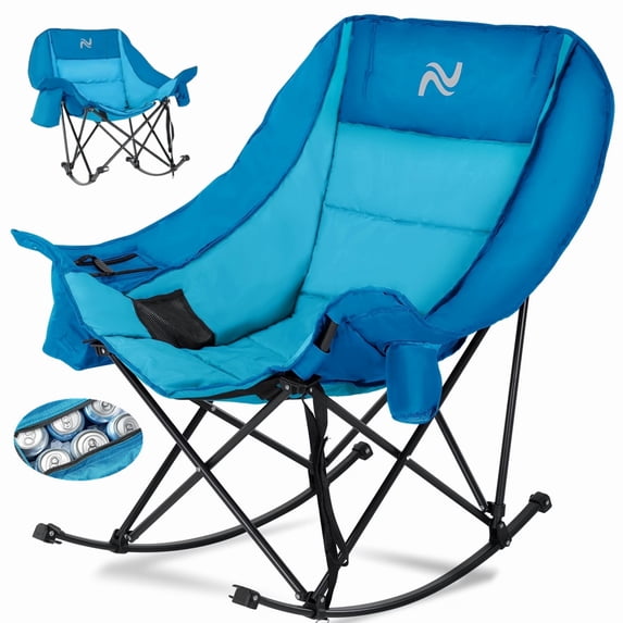 ABORON Oversized Rocking Camping Chair, Folding Camping Rocker Chair, Fully Padded Patio Chair with Cooler Bag and Side Pocket, Portable Outdoor Recliner Chair, Lawn Chairs with Carrying Bag
