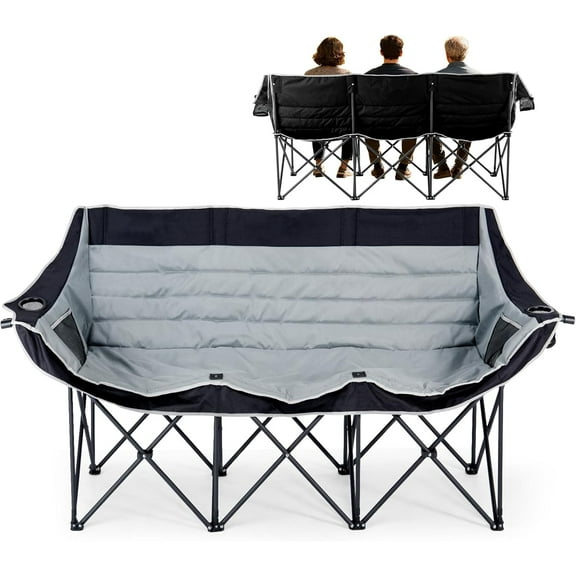 ABORON Oversized Triple Seat Camping Chair, Folding 3 Person Camping Chair, Fully Padded Three-seater Camping Chair Camping Couch, Portable Camping Bench, Lawn Chairs Carrying Bag