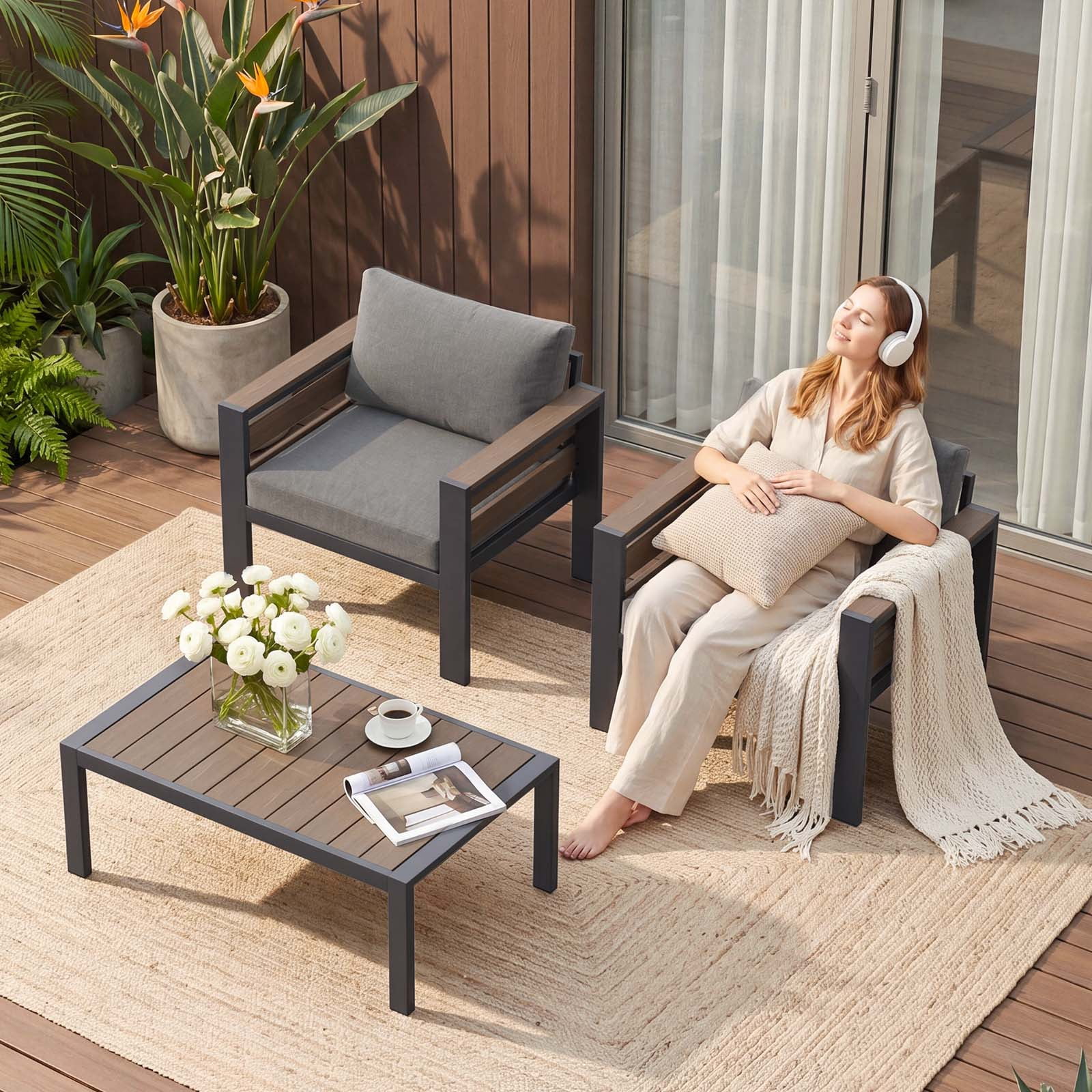 ABORON Patio Furniture Set, Patio Conversation Sets Sectional Sofa with 27" Deep Seating, 2-Seater Outdoor Patio Furniture Set w/ Coffee Table and All-Weather Thick Cushion, Easy Assembly