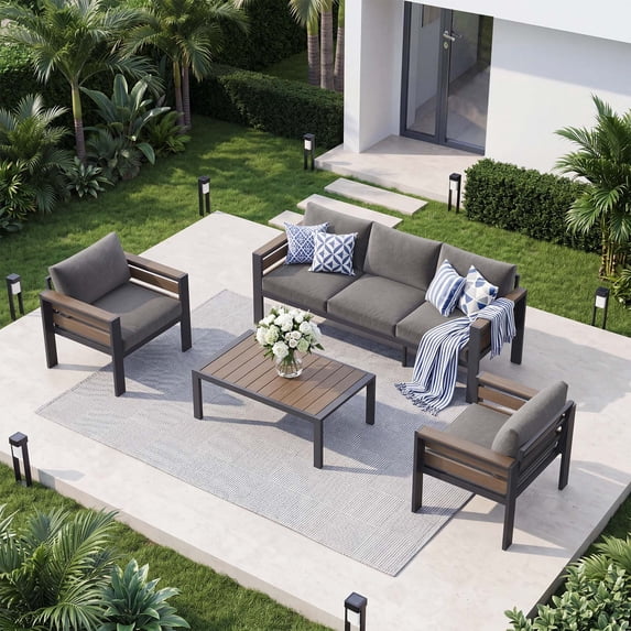 ABORON Patio Furniture Set, Patio Conversation Sets Sectional Sofa with 27" Deep Seating, 5-Seater Outdoor Patio Furniture Set w/ Coffee Table and All-Weather Thick Cushion, Easy Assembly