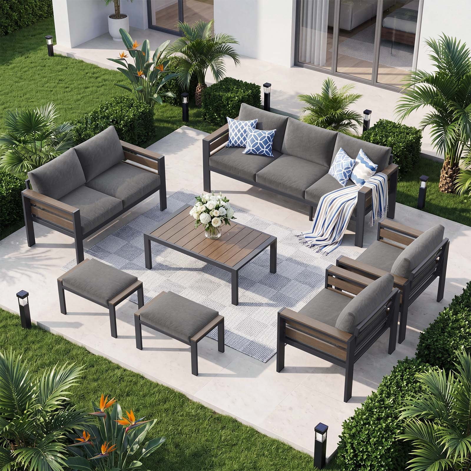 ABORON Patio Furniture Set, Patio Conversation Sets Sectional Sofa with 27" Deep Seating, 7-Seater Outdoor Patio Furniture Set w/ Coffee Table, All-Weather Thick Cushion and 2 Pack Footstool
