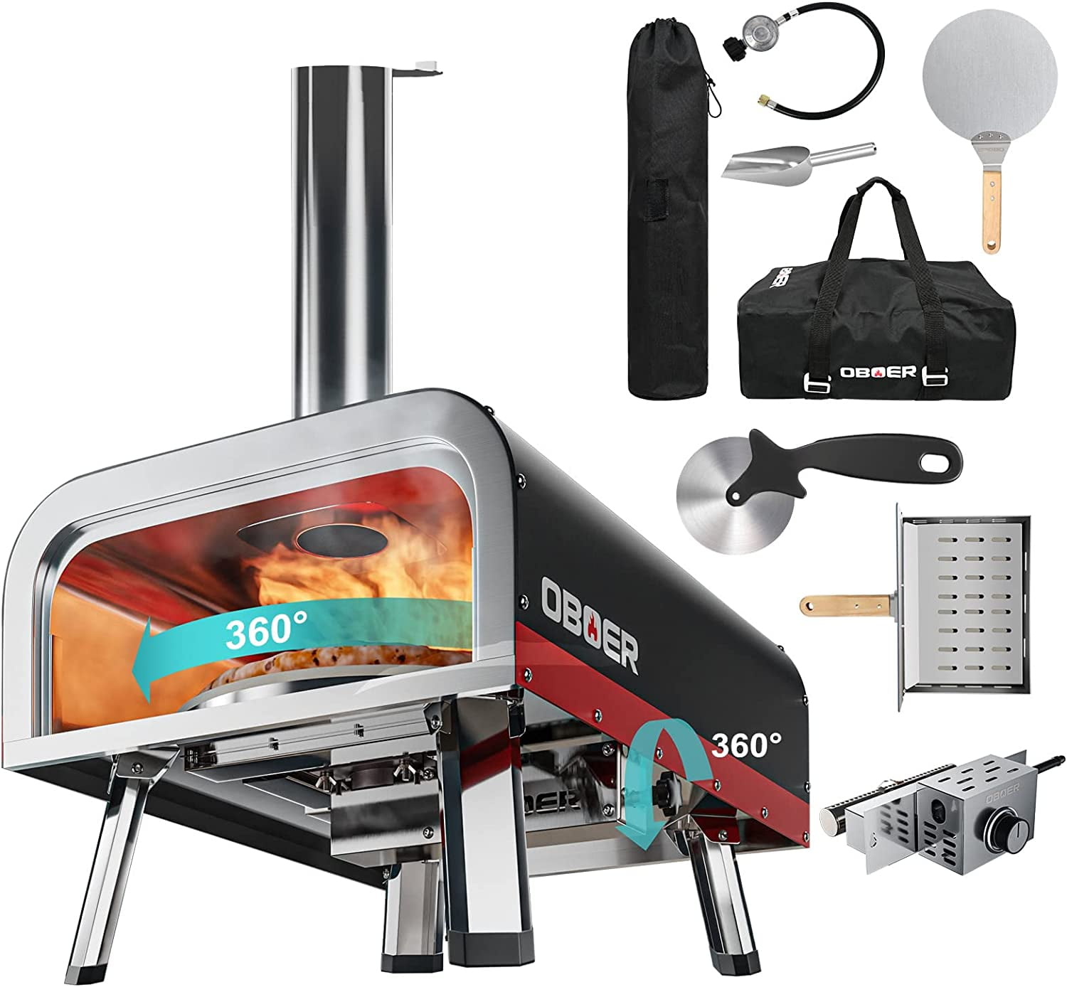 Outdoor Wood-Fired Pizza Oven With Rotating Stone - Portable Stainless Steel Oven With Peel, Thermometer & Cover