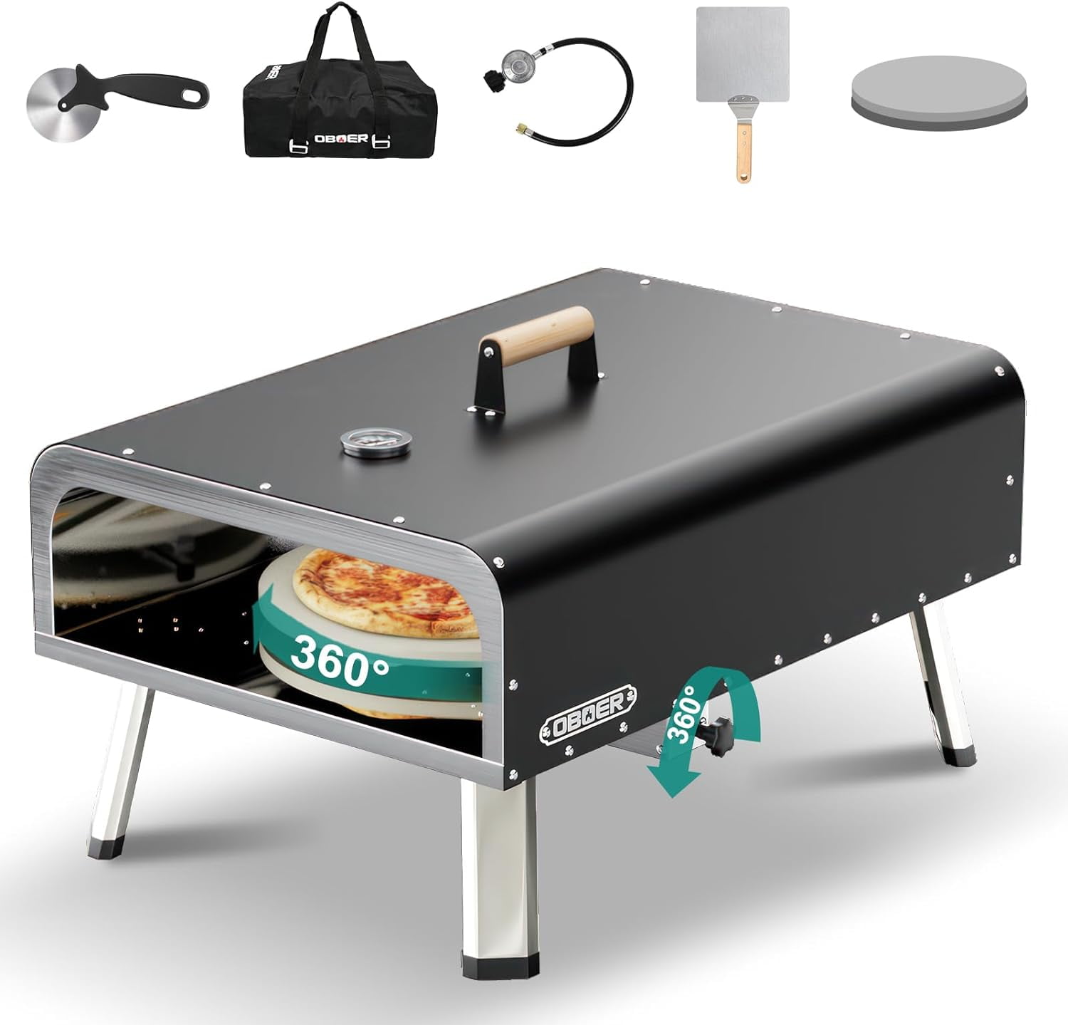 16'' Black Stainless Steel Outdoor Gas Pizza Oven with Rotating Stone