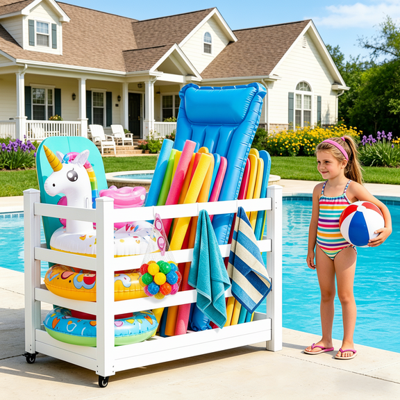 ABORON Pool Storage Trolley, 55" L 2-Wheel Waterproof Pool Floats Organizer Rack, Poolside Storage Organizer with 6 Hooks, Outdoor Heavy Duty Pool Storage Rack for Floats, Toys and Accessories