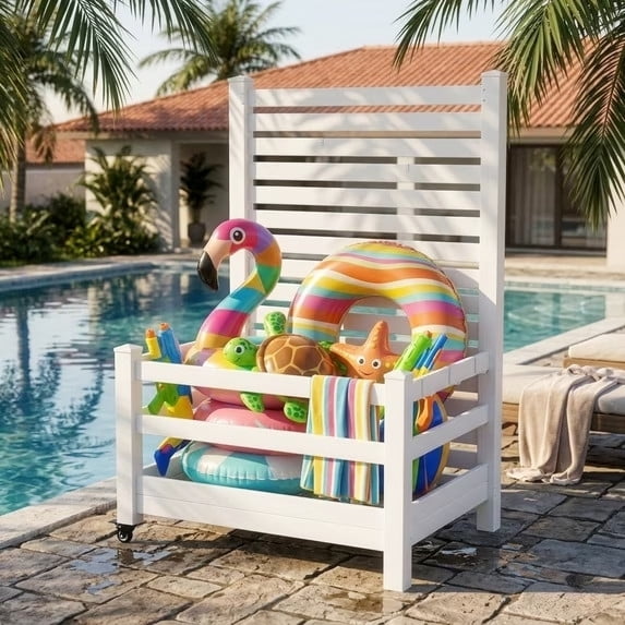 ABORON Pool Storage Trolley, 71.5" H 2-Wheel Waterproof Pool Floats Organizer Rack, Poolside Storage Organizer with 6 Hooks, Outdoor Heavy Duty Pool Storage Rack for Floats, Toys and Pool Accessories