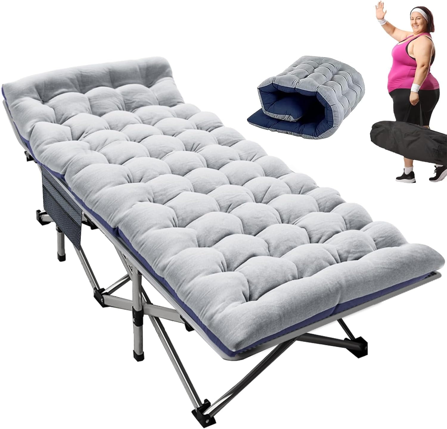 ABORON Portable Camping Cot with 2 Sided Cushion & Carry Bag, 75''x28