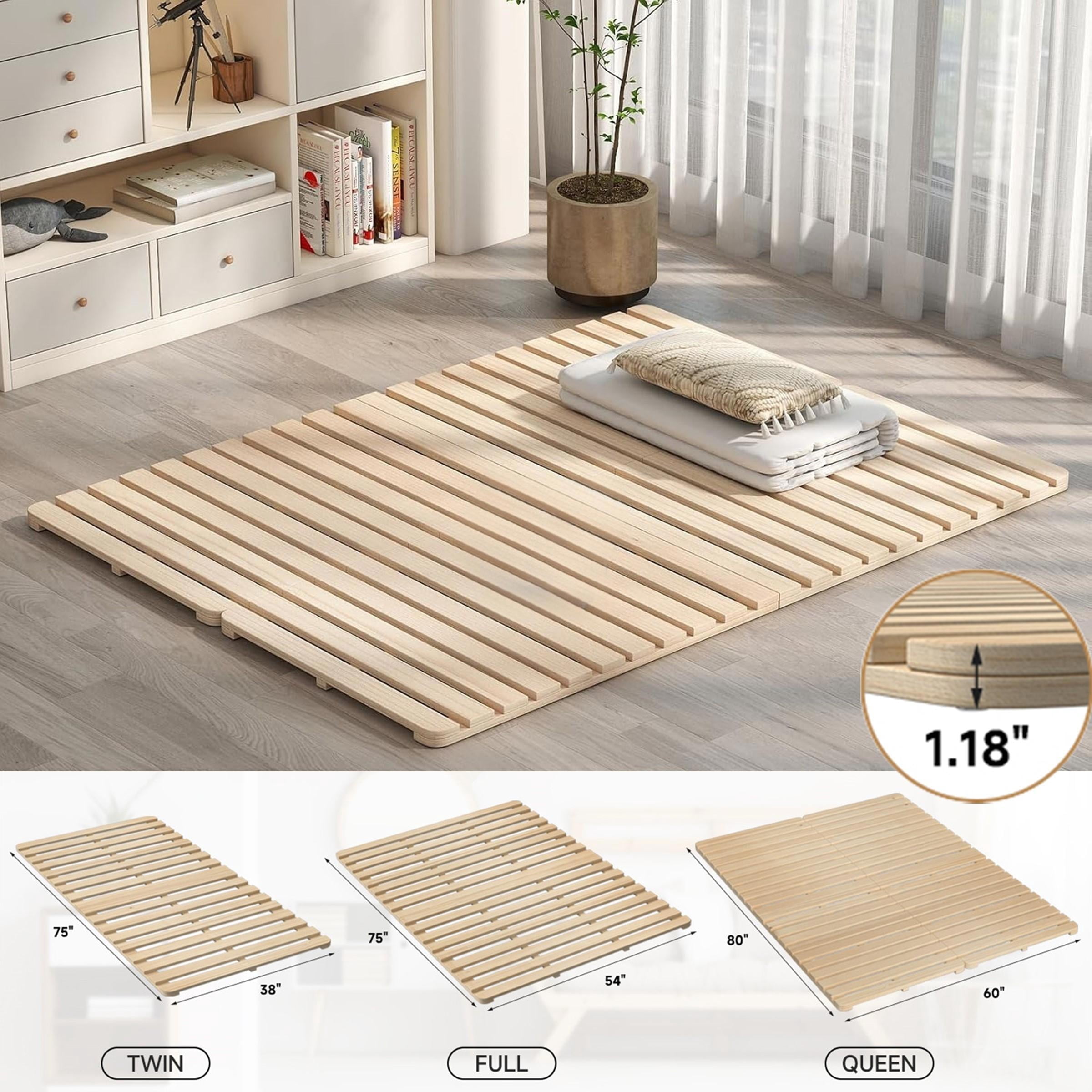 ABORON Queen Size Futon Frame, Japanese Tatami Bed Frame Wood Foldable Bed Plate, Moisture-Proof Floor Bed Frame for Futon Mattress, Guest Tatami Mat Floor Sleep Bedding