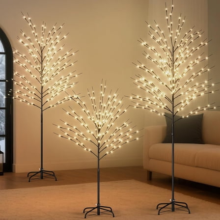 ABORON Set of 3 Metal LED Lighted Trees for Christmas Indoor and Outdoor Decoration, Including 4ft, 6ft, and 7ft Warm White Light Twinkling Tree for Holiday Party Home Yard Patio Decor
