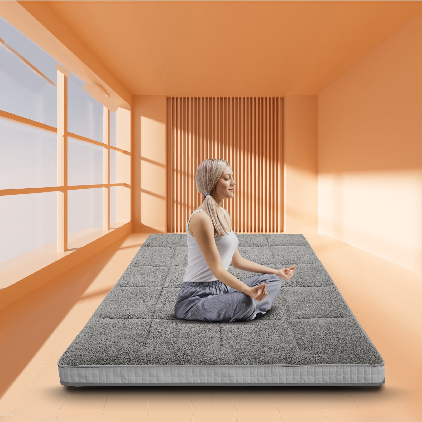 ABORON Sherpa Fleece Japanese Floor Mattress, 4" Thick Futon Mattress, Thicken Tatami Mat