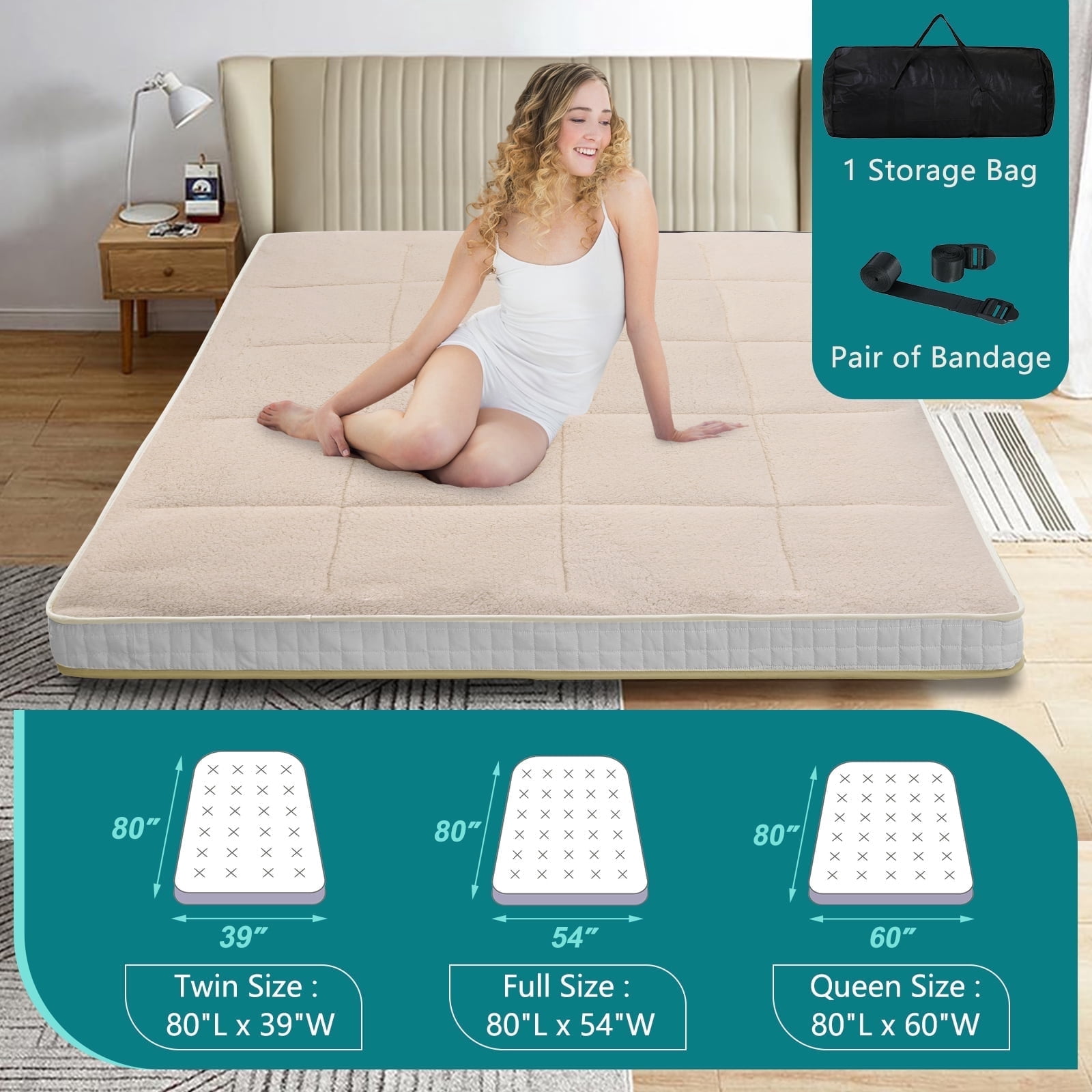 ABORON Sherpa Fleece Japanese Floor Mattress, 4" Thick Futon Mattress Twin Size, Thicken Tatami Mat Sleeping Pad Foldable Roll Up Mattress