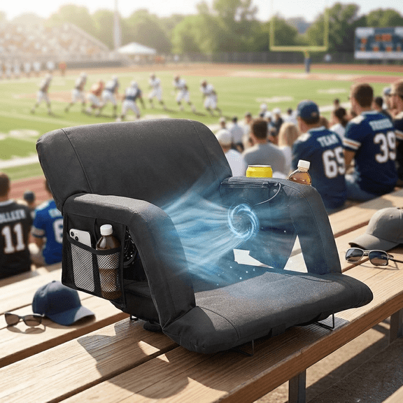 ABORON Stadium Seat for Bleachers, Reclining Back Support and Dual Cooling Fans, 21" Wide Padded Bleacher Seat, Portable Folding Stadium Chairs with Cup Holder and Pockets, Ready for Any Sport Events