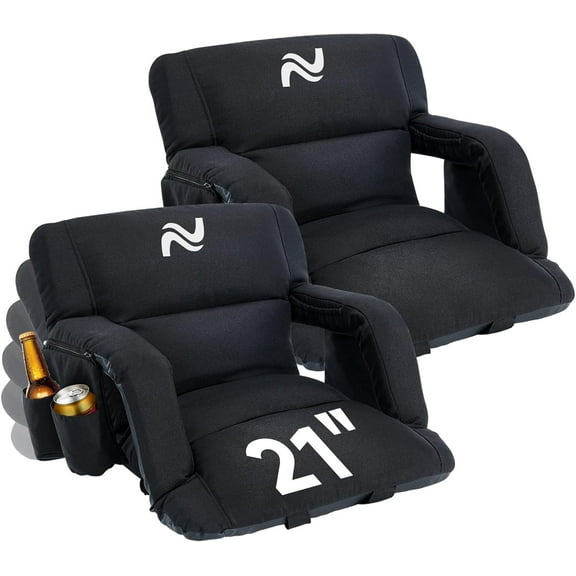 ABORON Stadium Seats 2 Pack with Back Support - 21" Wide Padded Bleacher Chair, 6 Reclining Positions, Portable Stadium Seat for Bleachers with Adjustable Armrests, Fit Outdoor Sports Events