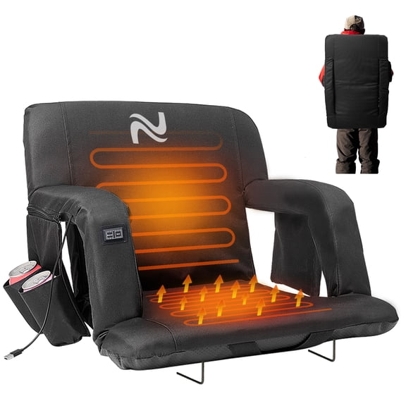 Aboron Heated Stadium Seat with Back Support, 21" Wide Bleacher Chair with 5 Reclining Positioning and Pockets, Dual-Zone Heating, Water-Resistant Stadium Seats for Sports Events & Camping