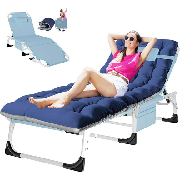 ABORON Tanning Chair, Adjustable 5-Position Folding Beach Lounger with Face Arm Hole, Cushion & Pillow, Side Pocket, Carry Handle, Outside Sunbathing Lounge Chair for Patio, Poolside, Lawn