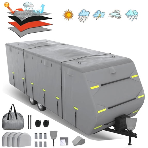 ABORON Upgraded Travel Trailer RV Cover,Fits 28'7" - 31'6" RVs - 300D Top Oxford Cloth - Rip-Resistant, Anti-UV, Durable, and All-Season Camper Cover with Jack Cover 4 Tire Covers and Gutter Covers
