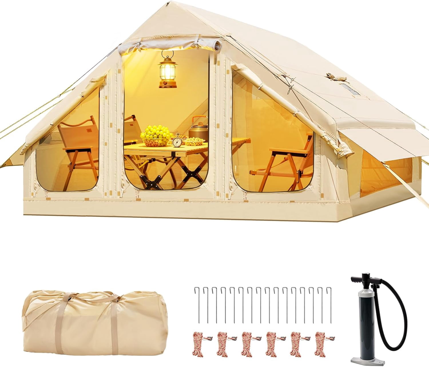 4-6 Person Inflatable Tents for Camping, Outdoor Blow Up Tent with Hand Pump, Glamping Family Camping Tent Easy Setup, Luxury Oxford Cabin with Mesh Windows & Doors 4 Season Waterproof Windproof