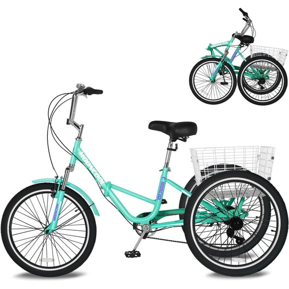 ABORON Women Tricycle Folding 7 Speed 24" Adult Tricycle Foldable 3 Wheel Bike Cruiser Trike with Low-Step Through Frame/Large Basket/Adjustable Seat