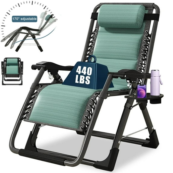 ABORON Reclining Patio Chair Ice Touch Silk Zero Gravity Chair, Folding Lawn Chair with Adjustable Pillow, Heavy Duty Comfy Lounge Chair with Cup Holder for Outdoor Indoor, Green