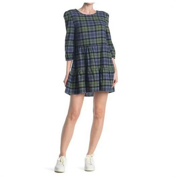 ABOUND Women's 3/4 Sleeve Cotton Tiered Skirt Plaid Mini Dress Green S, NWT