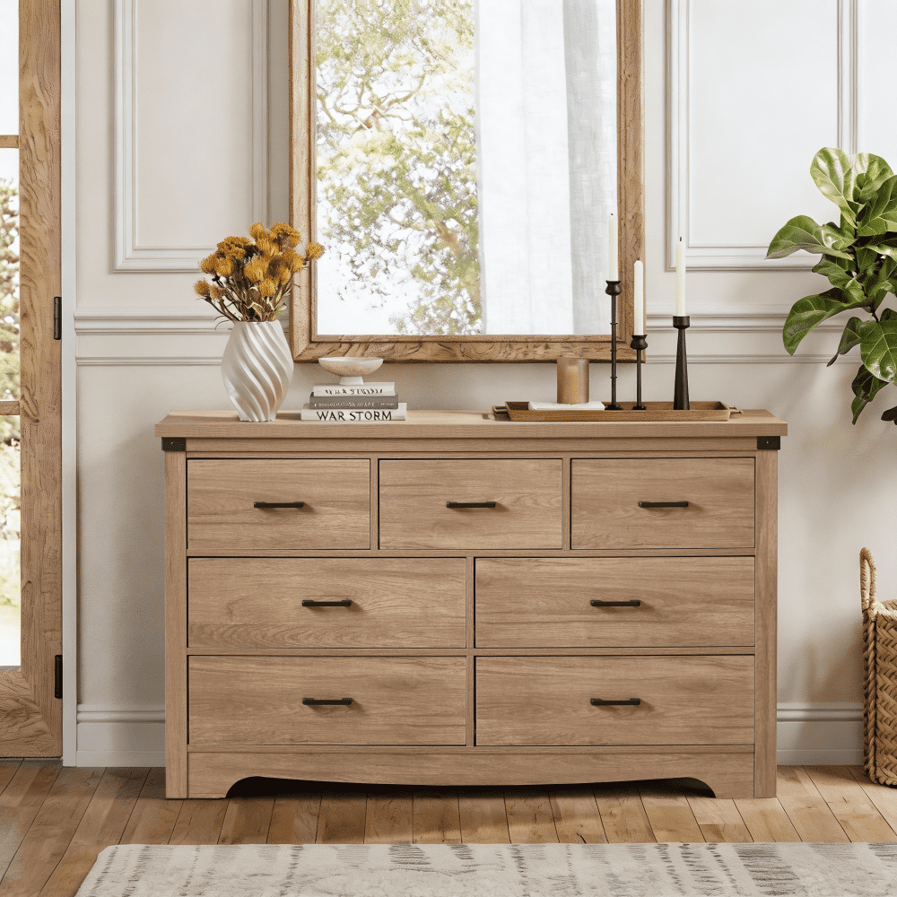 ABOURT Rustic Oak 7 Drawer Dresser for Bedroom, Farmhouse Wood Chest of Drawers with Metal Handles and Thickened Top for Closet and Living Room