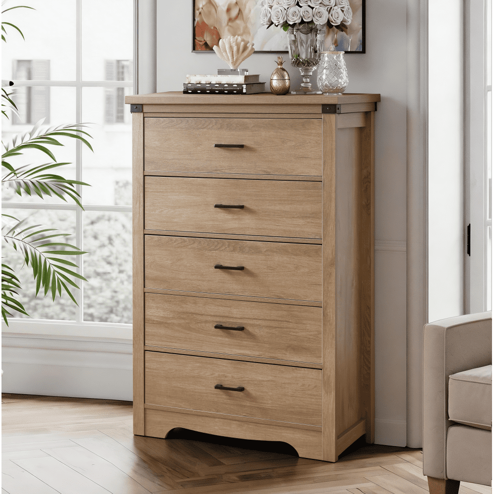 ABOURT Rustic Oak 7 Drawer Dresser for Bedroom, Farmhouse Wood Chest of Drawers with Metal Handles and Thickened Top for Closet and Living Room