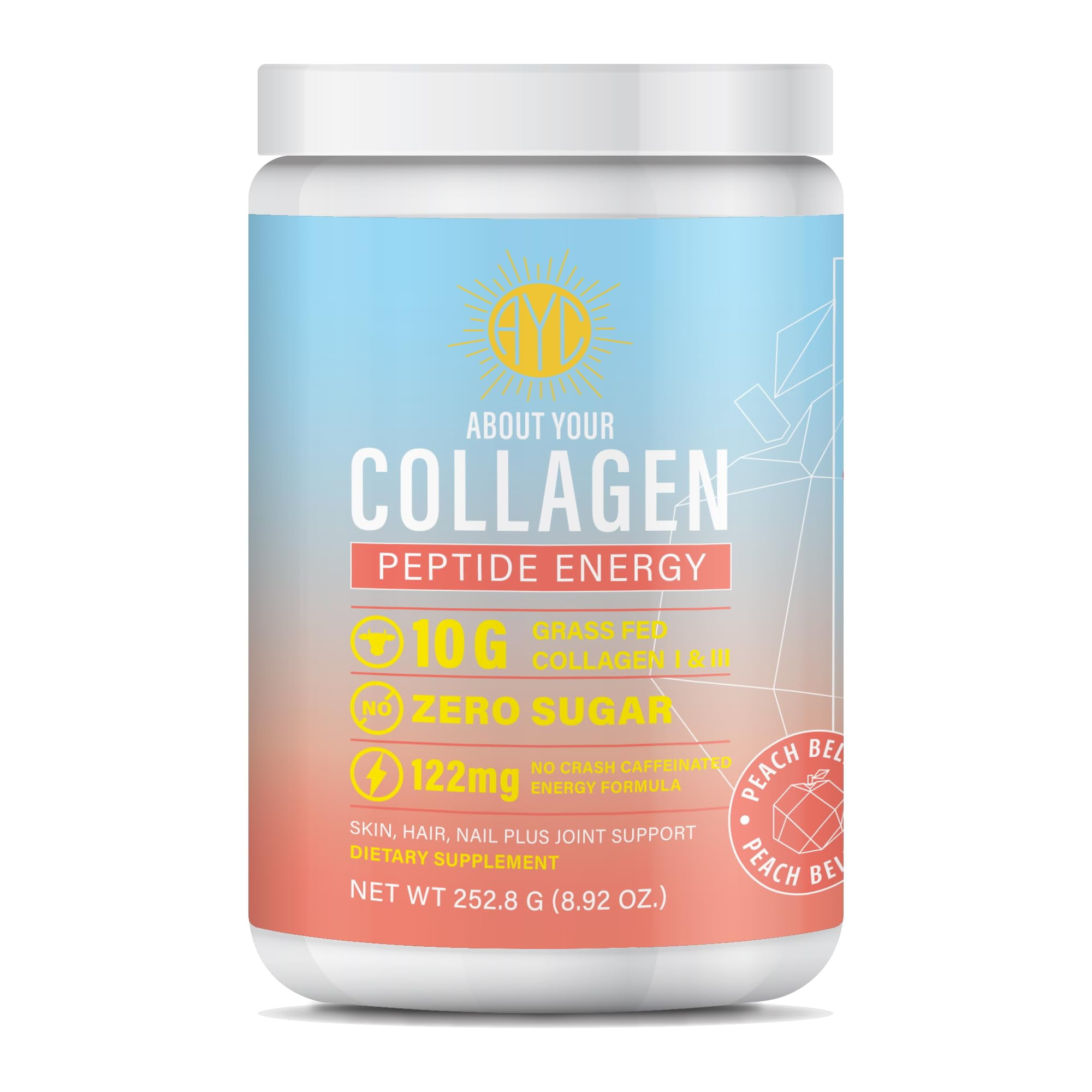 ABOUT YOUR COLLAGEN Peptide Energy Collagen Powder Hair, Nail, Skin, Type I & III,Caffeine for Energy, Vitamin C, Biotin, Hyaluronic Acid, Zero Sugar 8.92 oz (Peach Bellini)